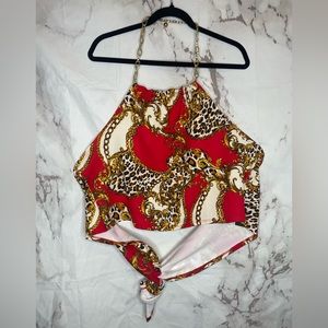 Red leopard chain detail crop top